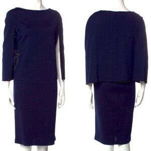 St. John Knit Sheath Pencil Dress With Cape Shoulder/Sleeve Navy Color SZ 2
